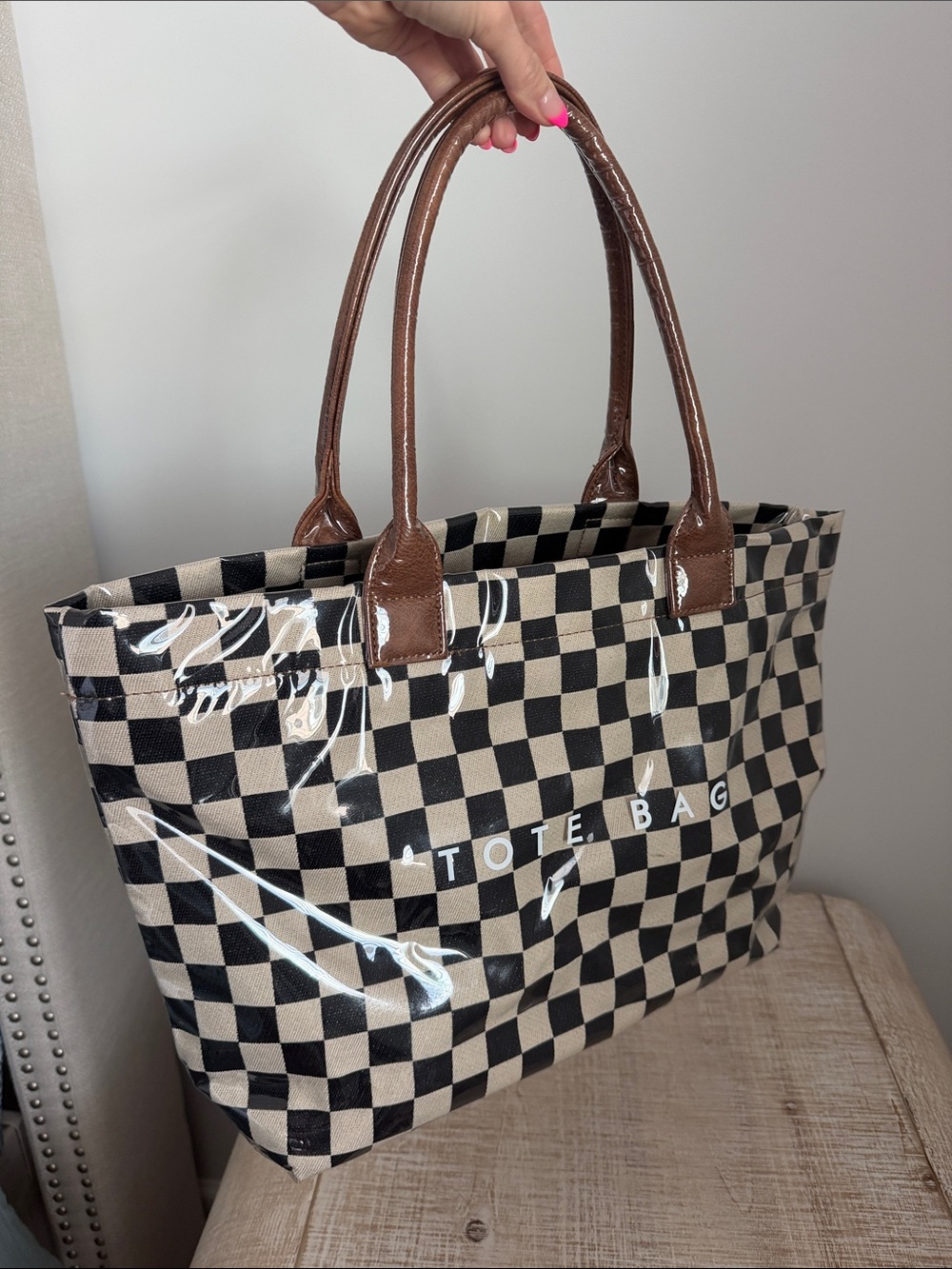Checkerboard Tote Bag with Brown Handles